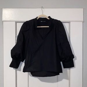Zara Black Poplin Puff Sleeve Poplin Blouse with a ruffle collar